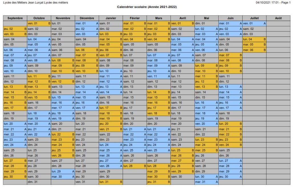 Calendrier Semaine A Et B (2021-2022) | Lycée Professionnel Jean Lurçat